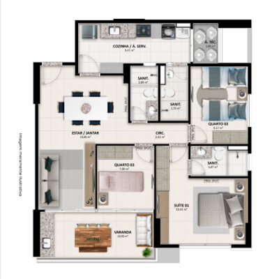 UNIQUE - PLANTA TIPO 01 WC SERVIÇO - 3 QUARTOS SENDO 1 SUÍTE, VARANDA GOURMET