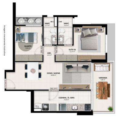 UNIQUE - PLANTA TIPO 02 SALA E COZINHA INTEGRADAS À VARANDA- 2 QUARTOS SENDO 1 SUÍTE