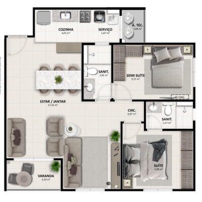 JOTANUNES - LA VIE RESIDENCE - PLANTA 2 QUARTOS E SALA AMPLIADA
